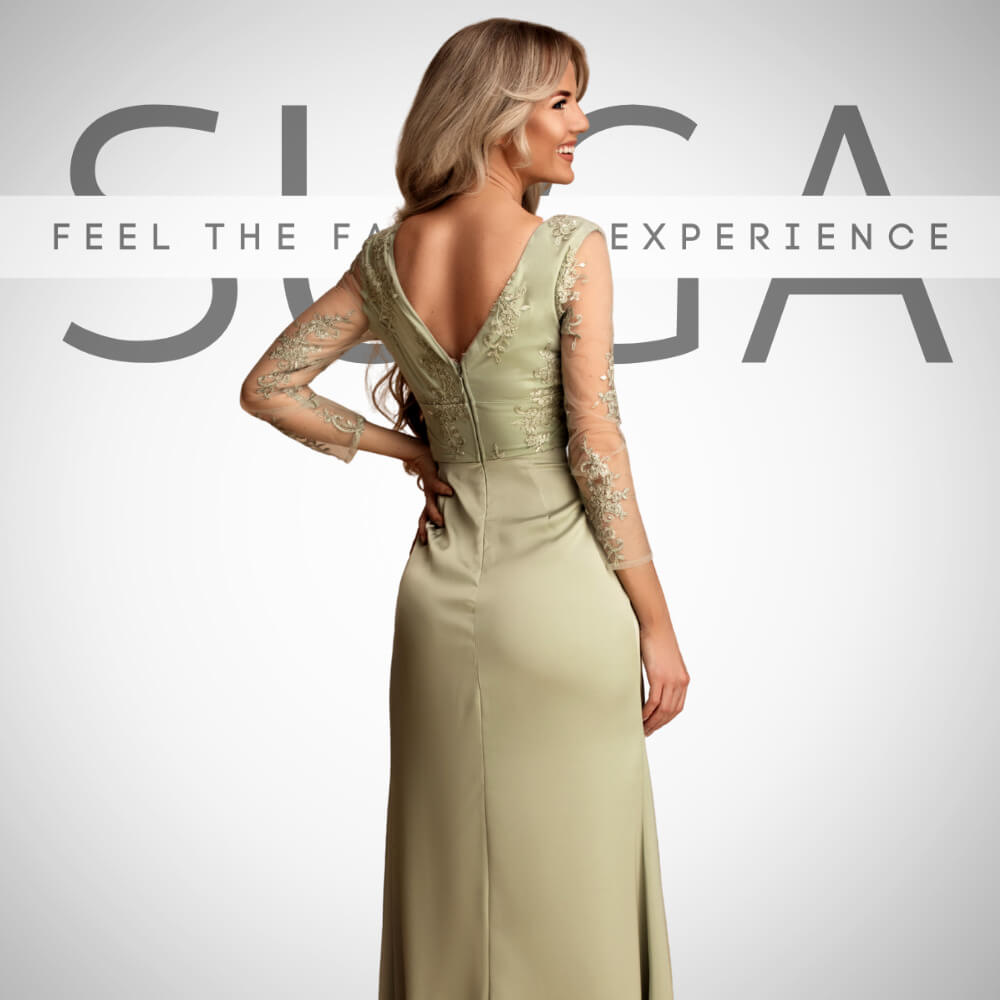 Maxi βεραμάν φόρεμα με δαντέλα, διάφανα μανίκια και ανοιχτή V πλάτη – Suga Collection