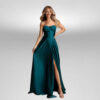Γυναικείο maxi σμαραγδί σατέν strapless φόρεμα με άνοιγμα στο πόδι – Suga Collection