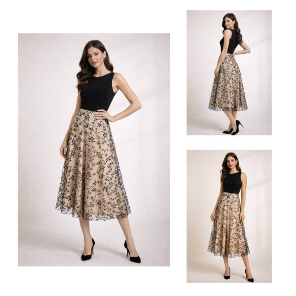 Elegant women’s lookbook featuring a floral midi skirt with romantic, flowing silhouette