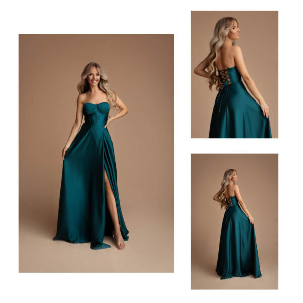 Γυναικείο strapless maxi φόρεμα σε πετρόλ απόχρωση με σκίσιμο στο πόδι και κορσέ πλάτης, ιδανικό για επίσημες βραδινές εμφανίσεις.