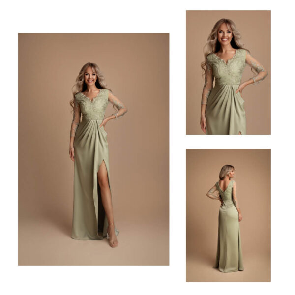 Γυναικείο maxi φόρεμα σε sage green απόχρωση με δαντελένιο μπούστο, διαφάνεια στα μανίκια και σκίσιμο στο πόδι για elegant βραδινές εμφανίσεις.