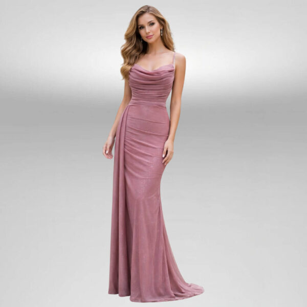 Ροζ μόκα μακρύ βραδινό φόρεμα με ντραπέ ντεκολτέ και λεπτές τιράντες