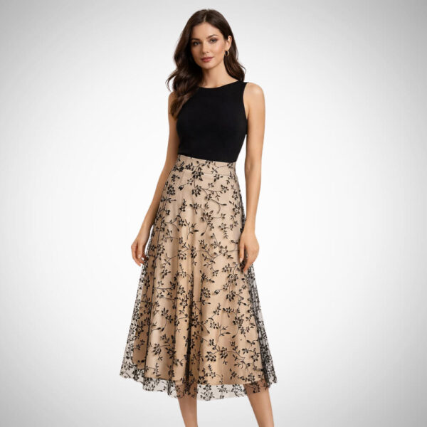 Elegant women’s lookbook featuring a floral midi skirt with romantic, flowing silhouette