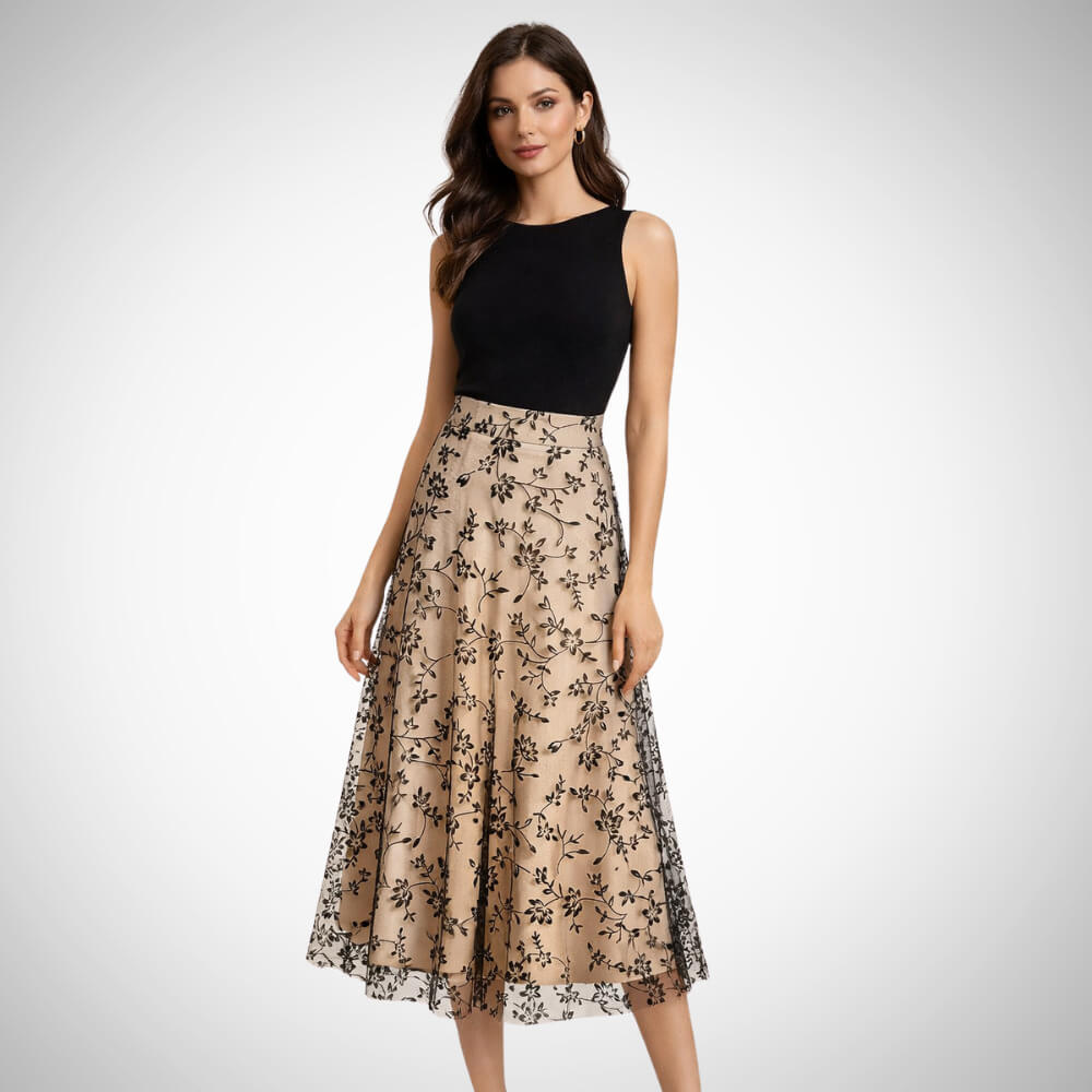 Elegant women’s lookbook featuring a floral midi skirt with romantic, flowing silhouette