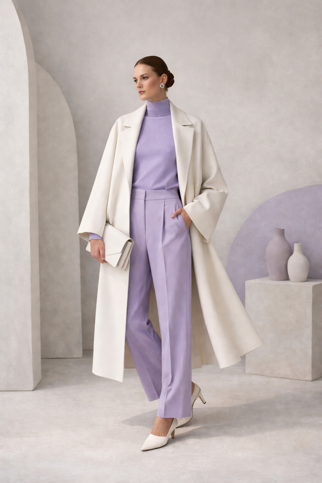 Μοντέλο σε minimal σύνολο 2026 με bone white παλτό, misty lavender ζιβάγκο και tailored παντελόνι, σε αρχιτεκτονικό minimal σκηνικό.