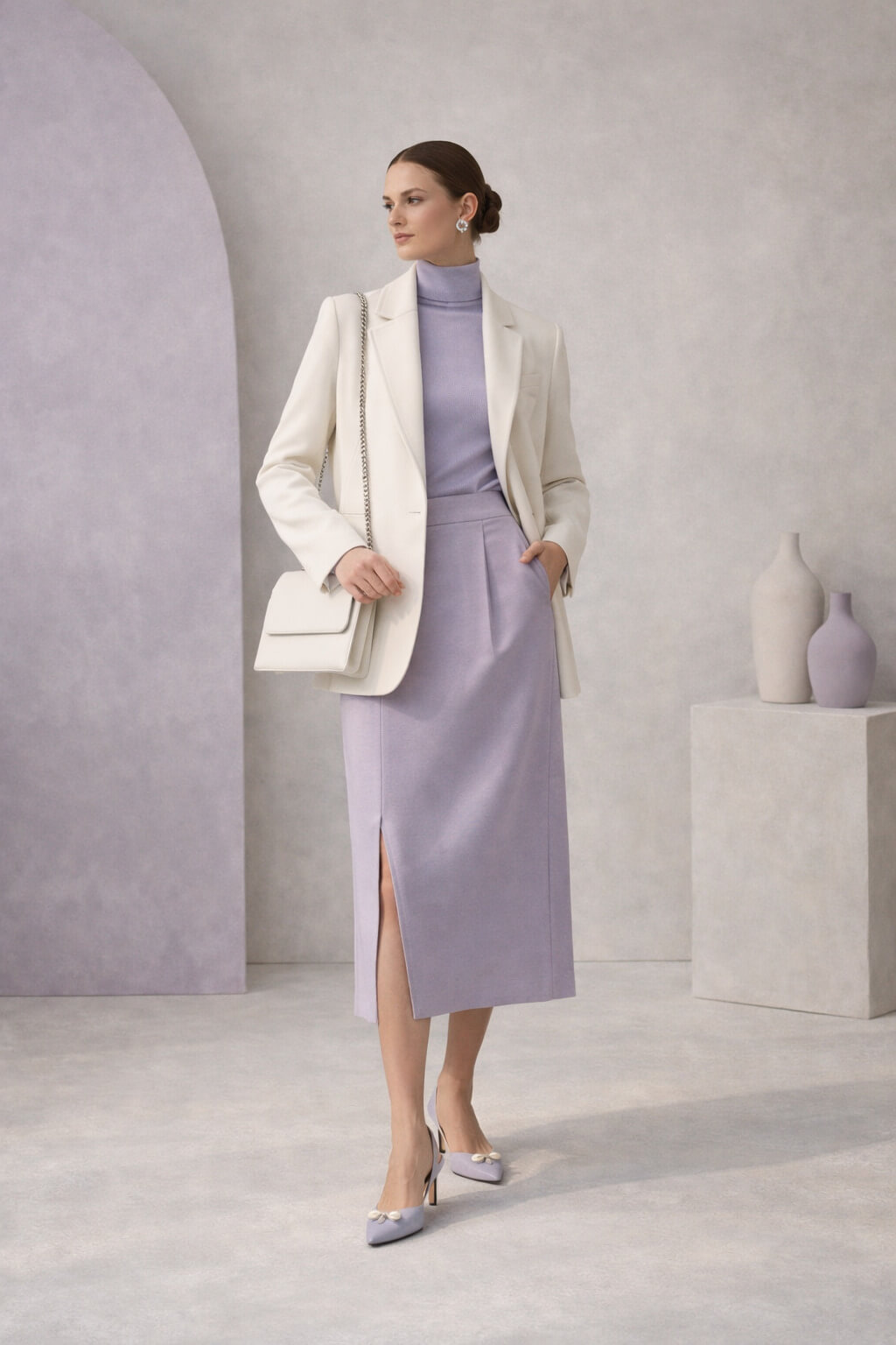 Minimal fashion look σε αποχρώσεις bone white και misty lavender με blazer, midi φούστα και structured τσάντα, εμπνευσμένο από το minimalism 2026.