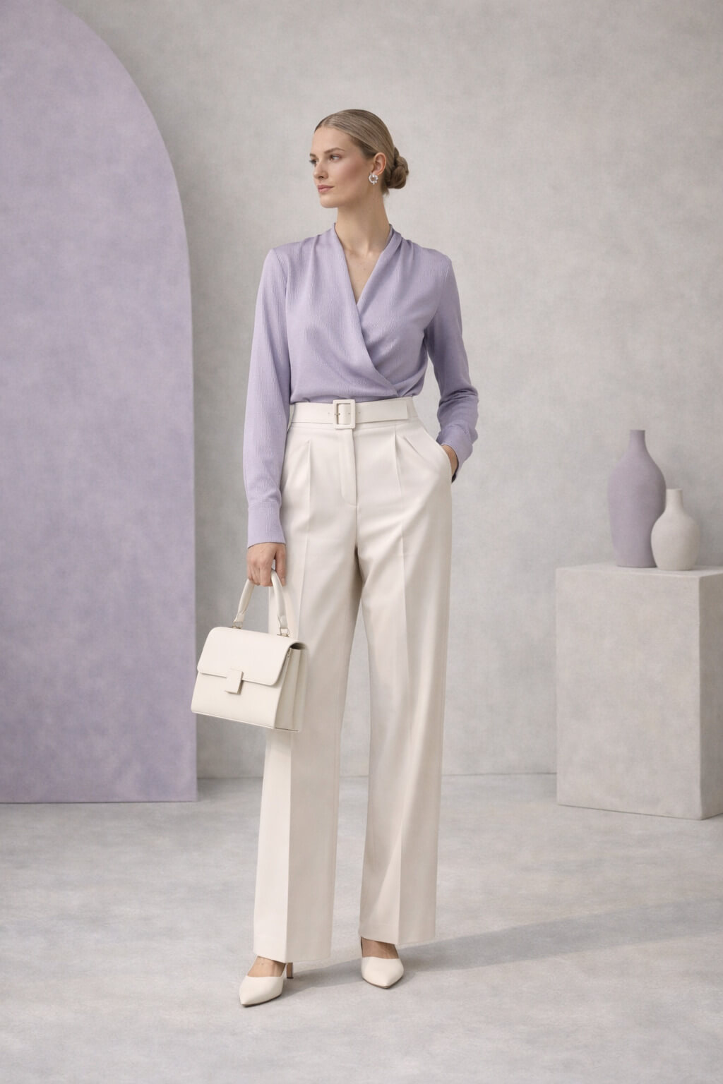 High fashion minimal outfit με lavender wrap top και bone white ψηλόμεσο παντελόνι, καθαρές γραμμές και διαχρονική αισθητική.