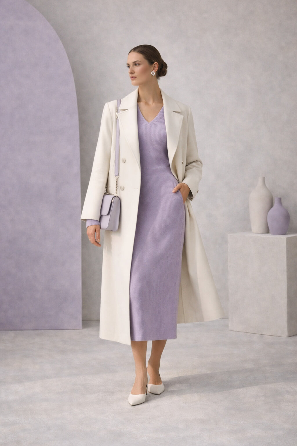 Minimal εμφάνιση με lavender πλεκτό φόρεμα και bone white tailored παλτό, σε ήρεμο high fashion σκηνικό.
