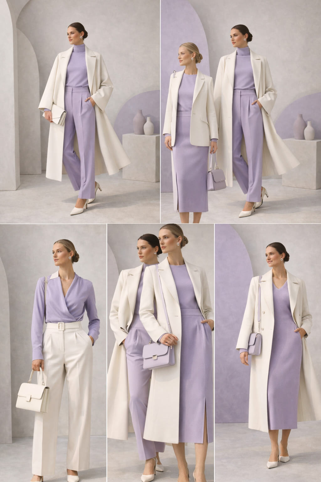 Δύο μοντέλα σε coordinated minimal looks με bone white παλτό και misty lavender σύνολα, αποτυπώνοντας τη σύγχρονη minimal αισθητική του 2026.