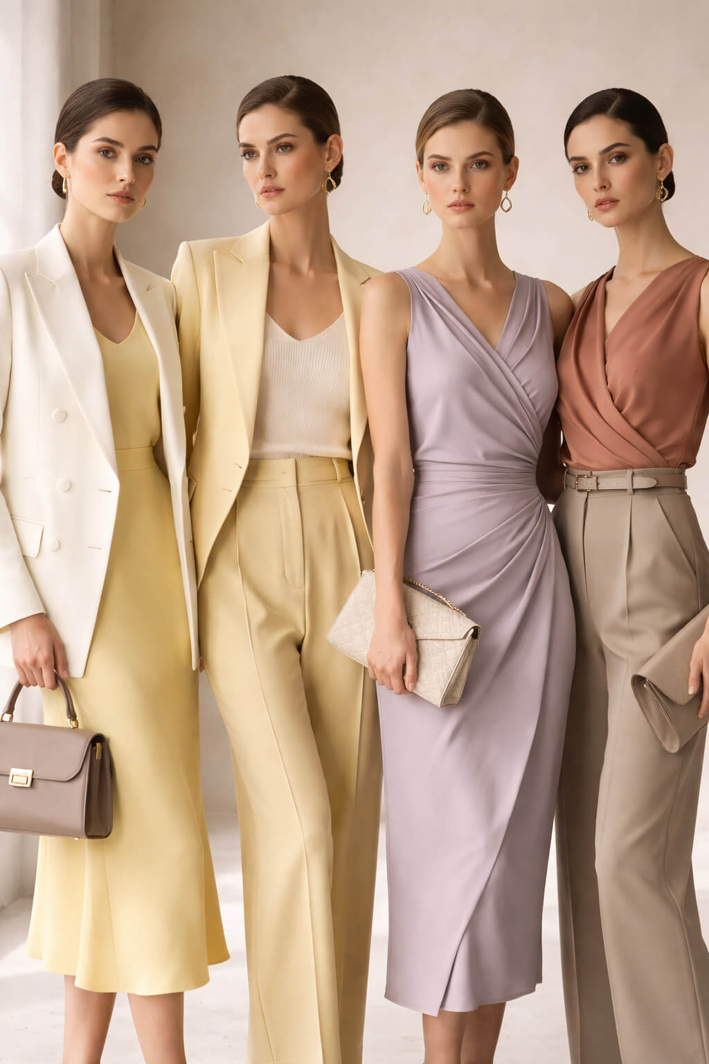 High fashion γυναικεία μόδα με αρμονικό συνδυασμό χρωμάτων bone white, butter yellow, misty lavender, soft khaki και muted terracotta, βασική χρωματική τάση Άνοιξη – Καλοκαίρι 2026.