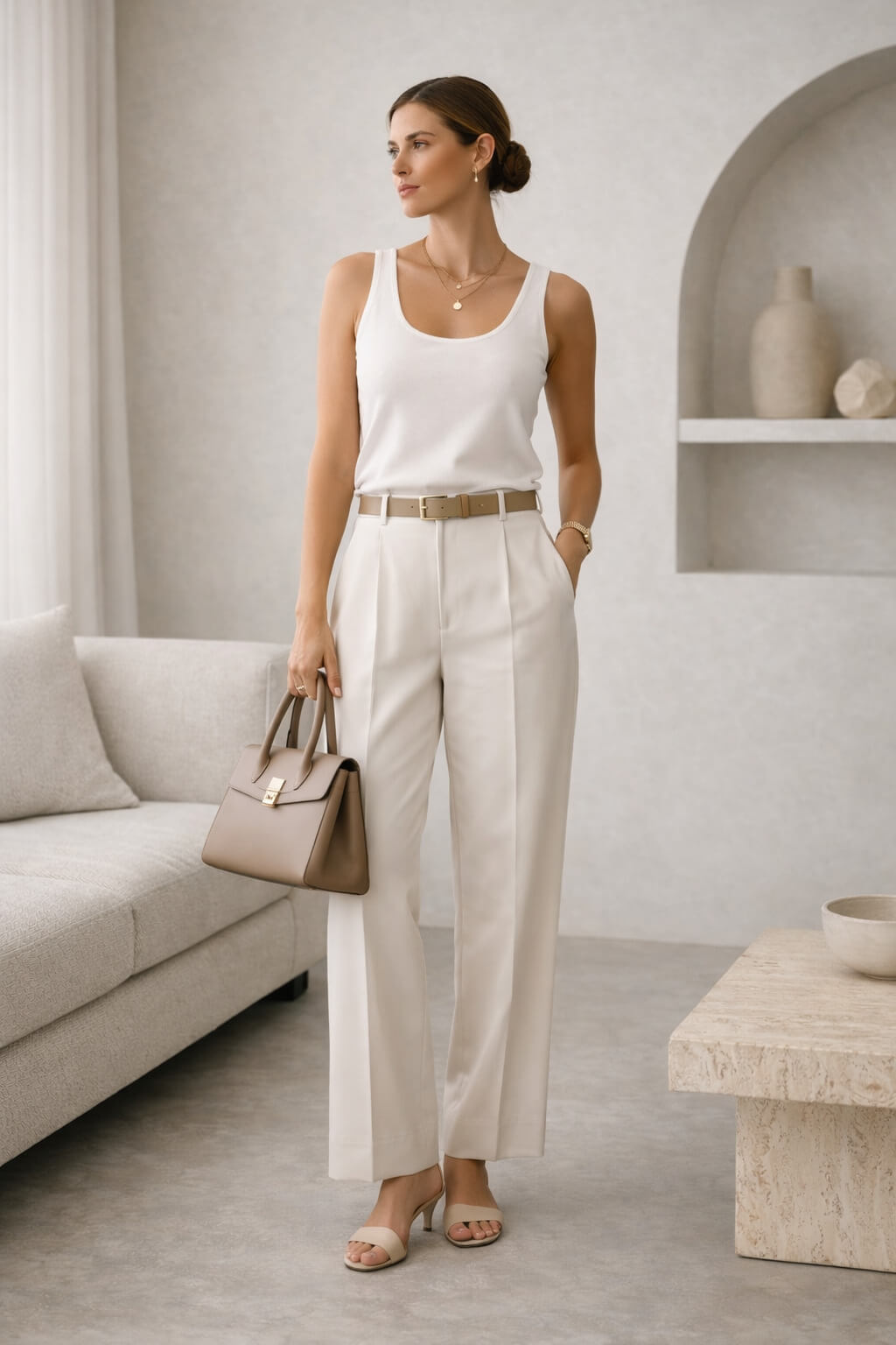 Elevated basics στη γυναικεία μόδα με λευκό τοπ και tailored παντελόνι, κομψό καθημερινό σύνολο άνοιξη καλοκαίρι 2026