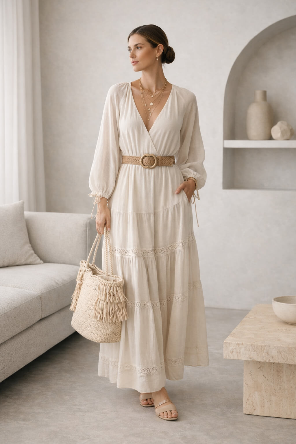 Modern boho γυναικείο look με μακρύ boho φόρεμα, ζώνη και φυσικά υλικά, καλοκαιρινή τάση μόδας 2026