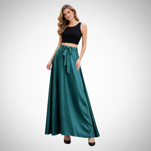 Σατέν μάξι φούστα πετρόλ ψηλόμεση με ζώνη που δένει φιόγκο