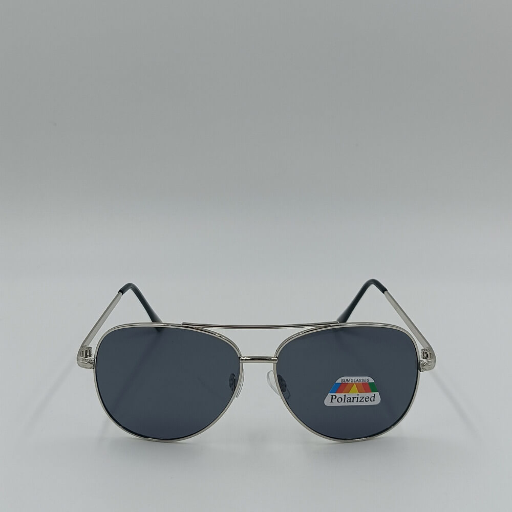 Polarized aviator γυαλιά ηλίου με ανοιχτό ασημί σκελετό, μπροστινή όψη