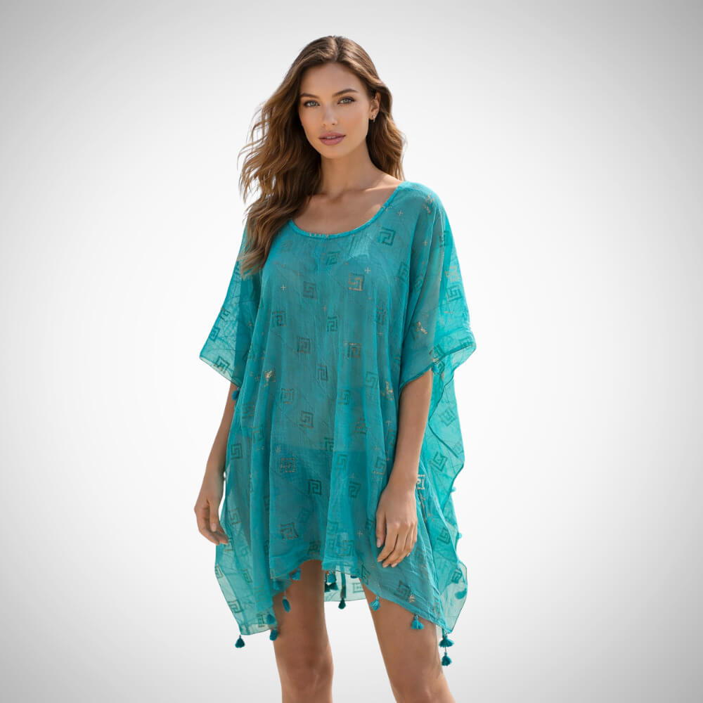 Τιρκουάζ γυναικείο καφτάνι με αέρινη γραμμή και φούντες