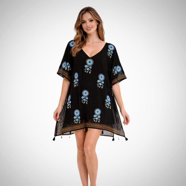 Μαύρο γυναικείο καφτάνι παραλίας με κεντητές λεπτομέρειες και άνετη γραμμή