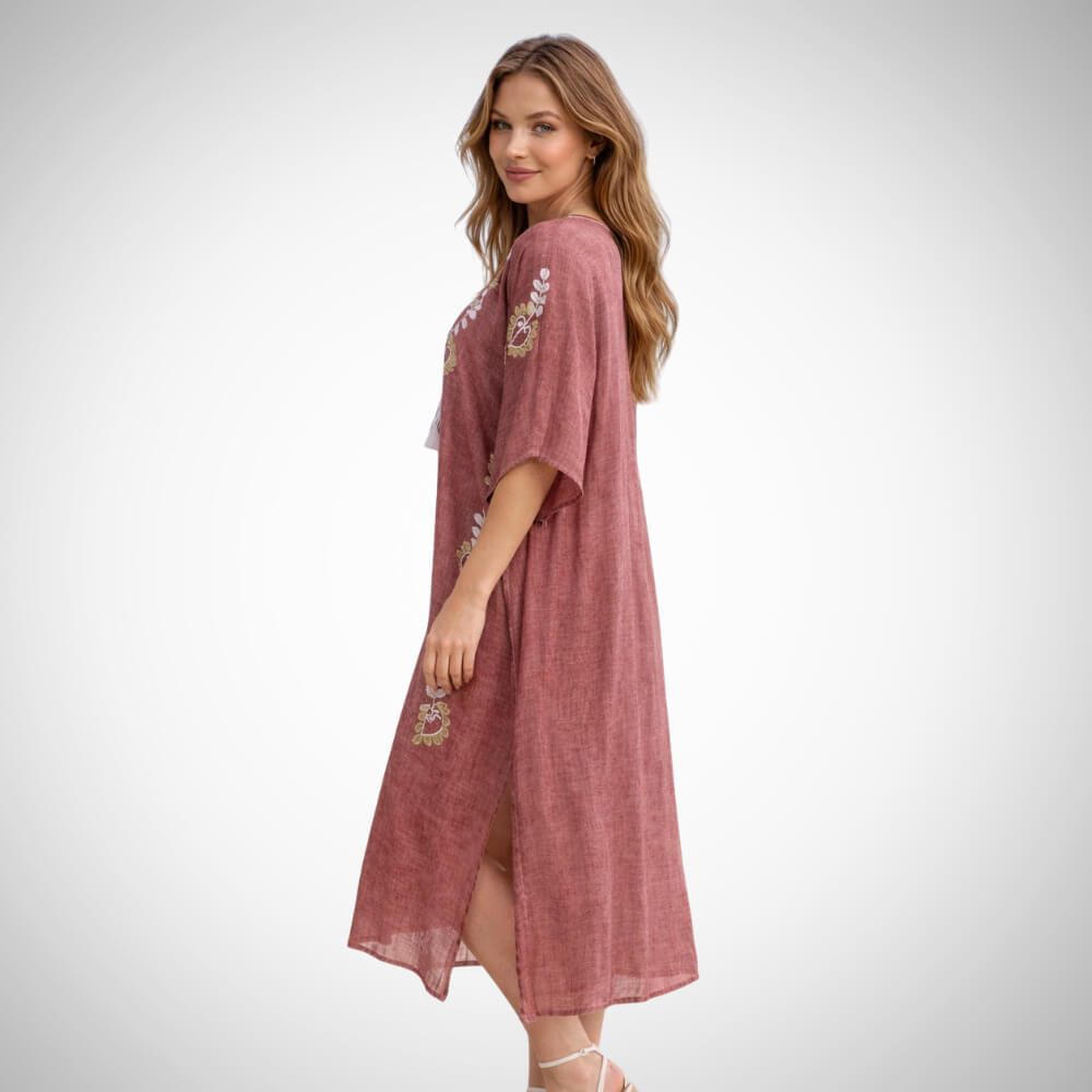 Γυναικείο σάπιο μήλο κεντητό καφτάνι παραλίας με κοντό μανίκι | Suga Style - Image 3