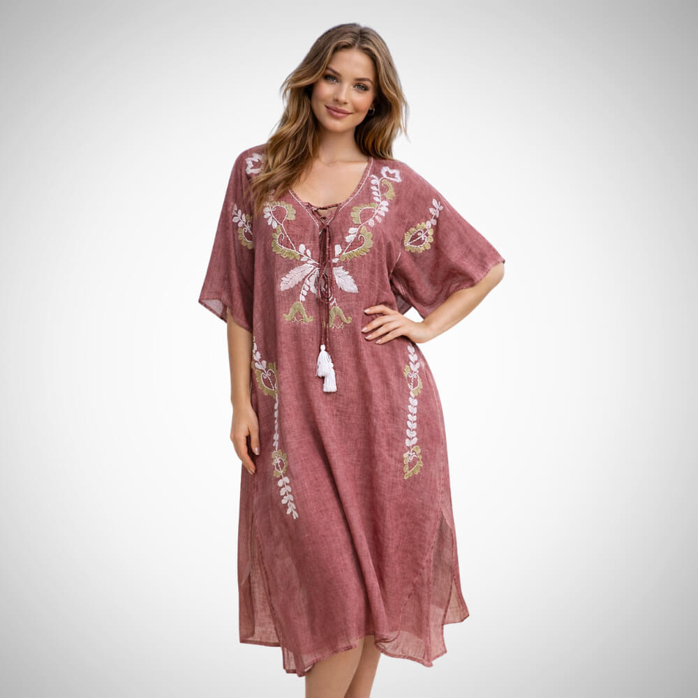Ροζ σάπιο μήλο καφτάνι παραλίας με κεντητές λεπτομέρειες