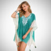 καφτάνι παραλίας γυναικείο με κέντημα και φουντάκια μπροστά τιρκουάζ χρώμα