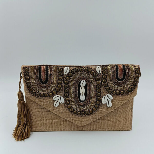 Boho τσάντα φάκελος Suga Style από λινάτσα με χειροποίητες λεπτομέρειες