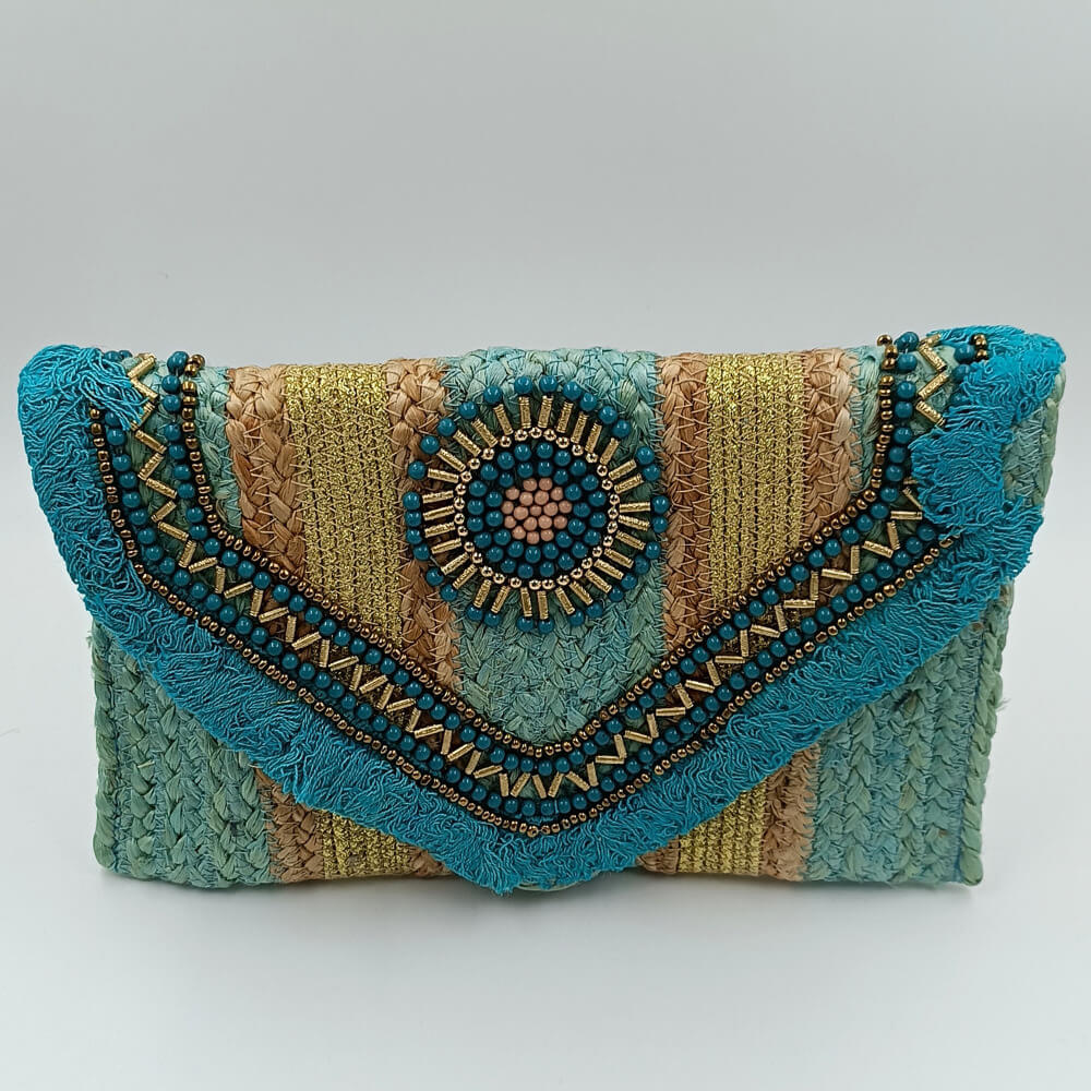 Καλοκαιρινό ψάθινο τσαντάκι με boho σχέδιο και πλεκτό λουράκι