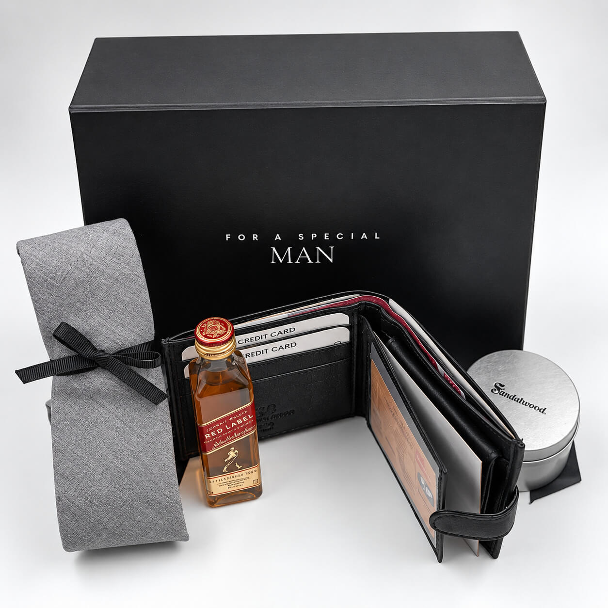 Ανδρικό gift box με Johnnie Walker Red Label, γραβάτα και πορτοφόλι