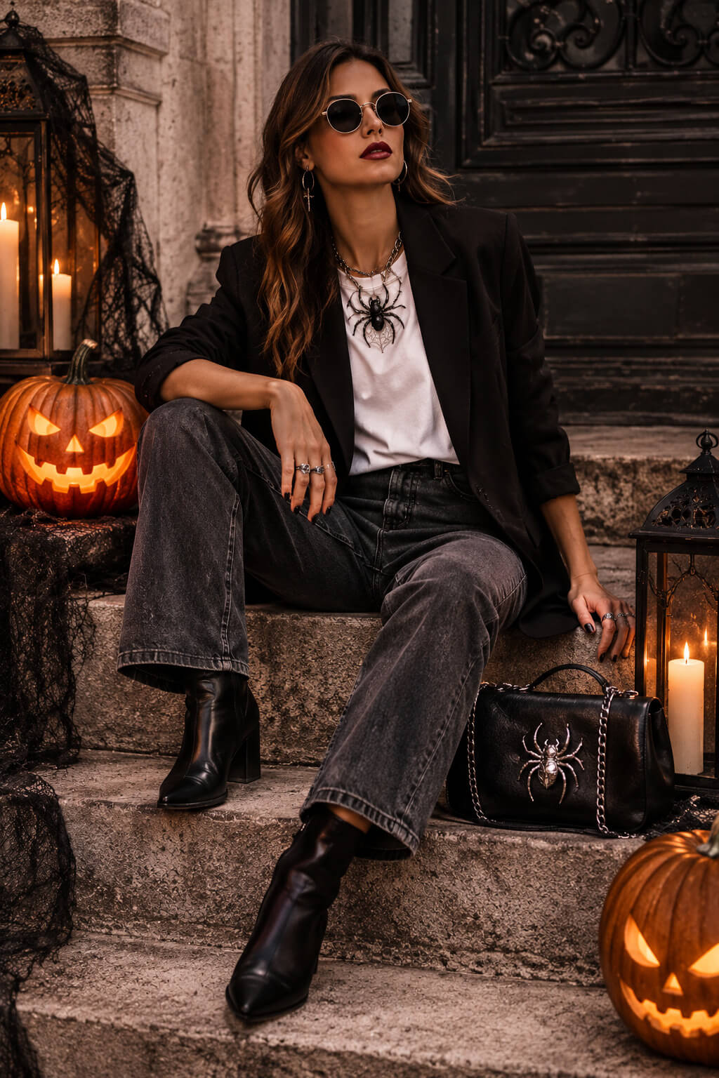 Fashion Halloween look με μαύρο blazer και spooky αξεσουάρ