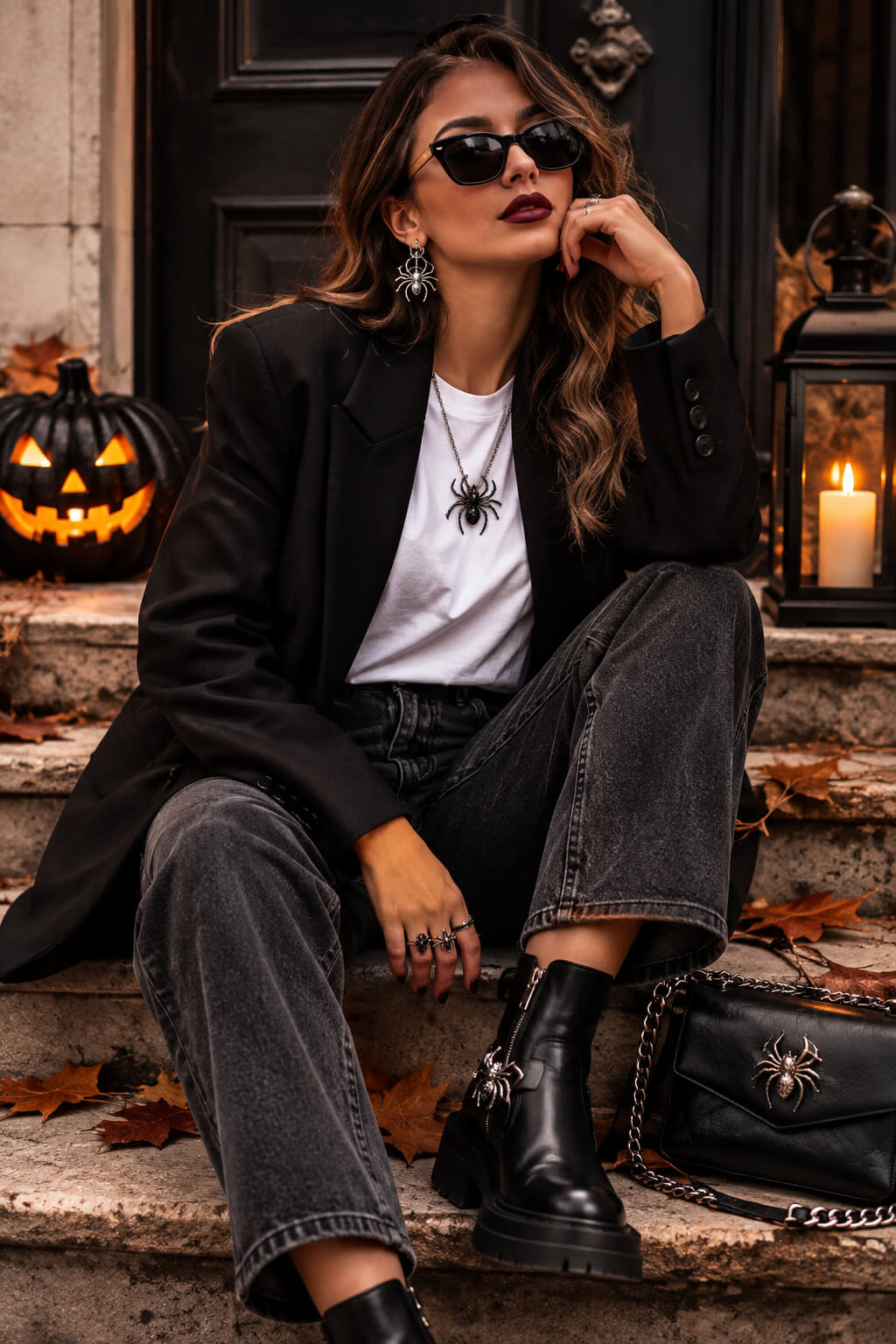 Fashion Halloween look με μαύρο blazer και spooky αξεσουάρ