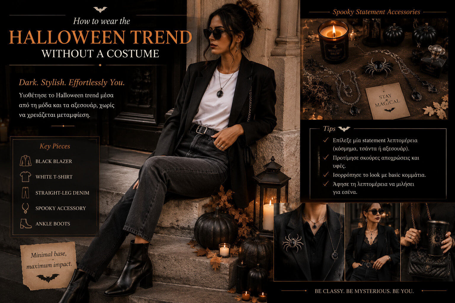 Fashion Halloween look με μαύρο blazer και spooky αξεσουάρ