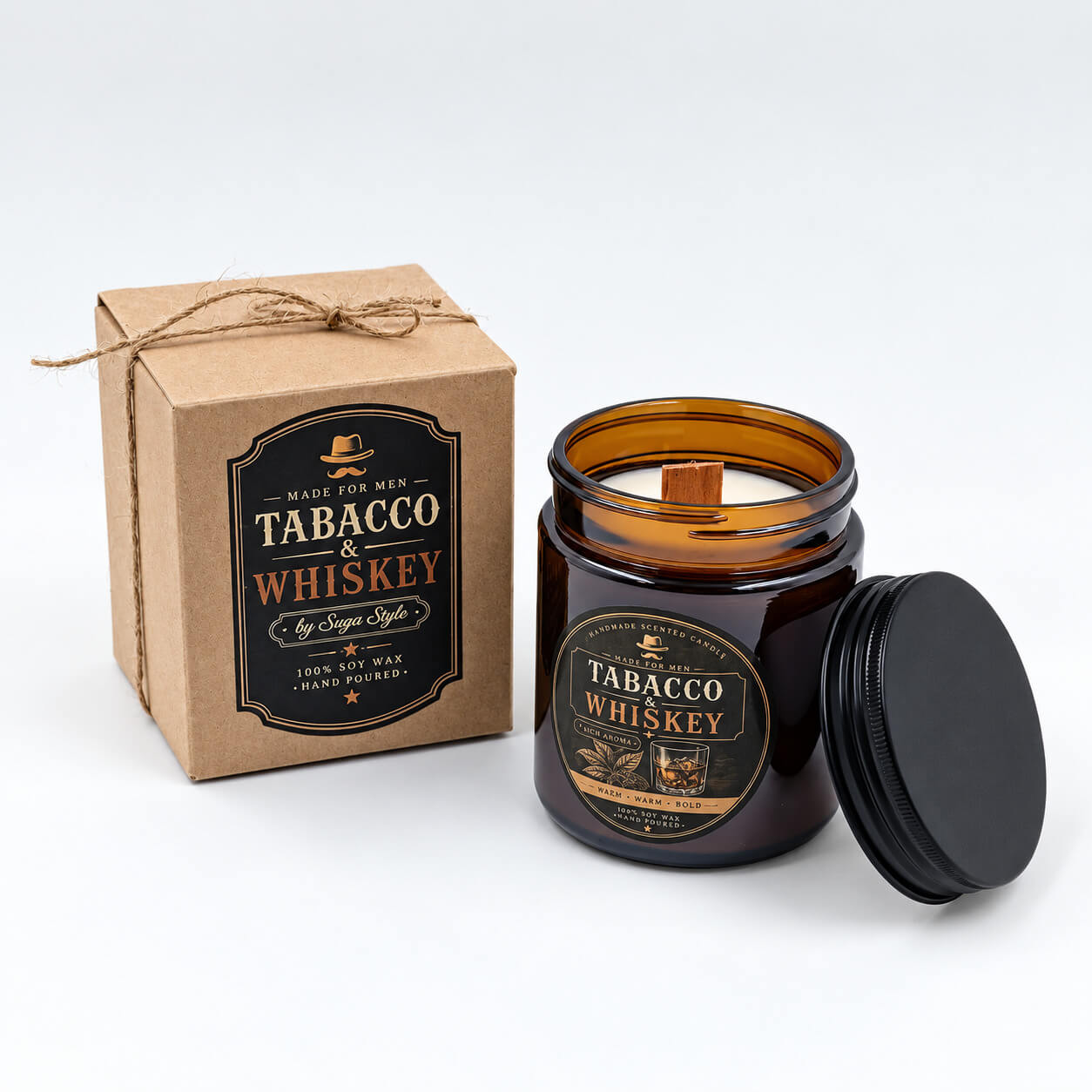 Αρωματικό κερί Tabacco & Whiskey σε καφέ γυάλινο δοχείο με καπάκι
