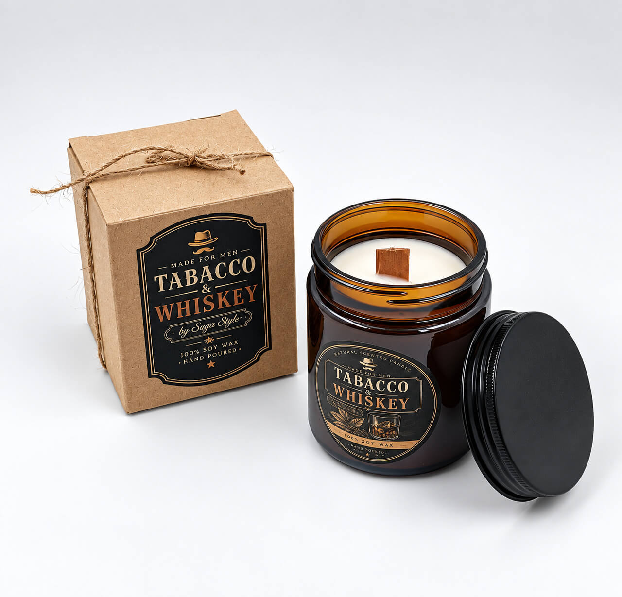 Αρωματικό κερί Tabacco & Whiskey σε καφέ γυάλινο δοχείο με καπάκι