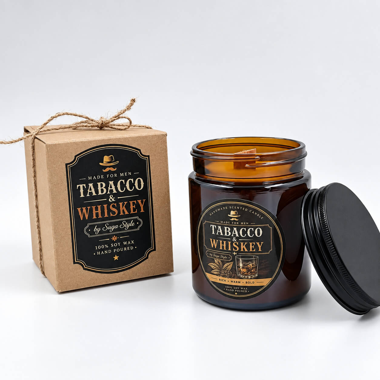 Χειροποίητο αρωματικό κερί Tabacco & Whiskey με ξύλινο φυτίλι