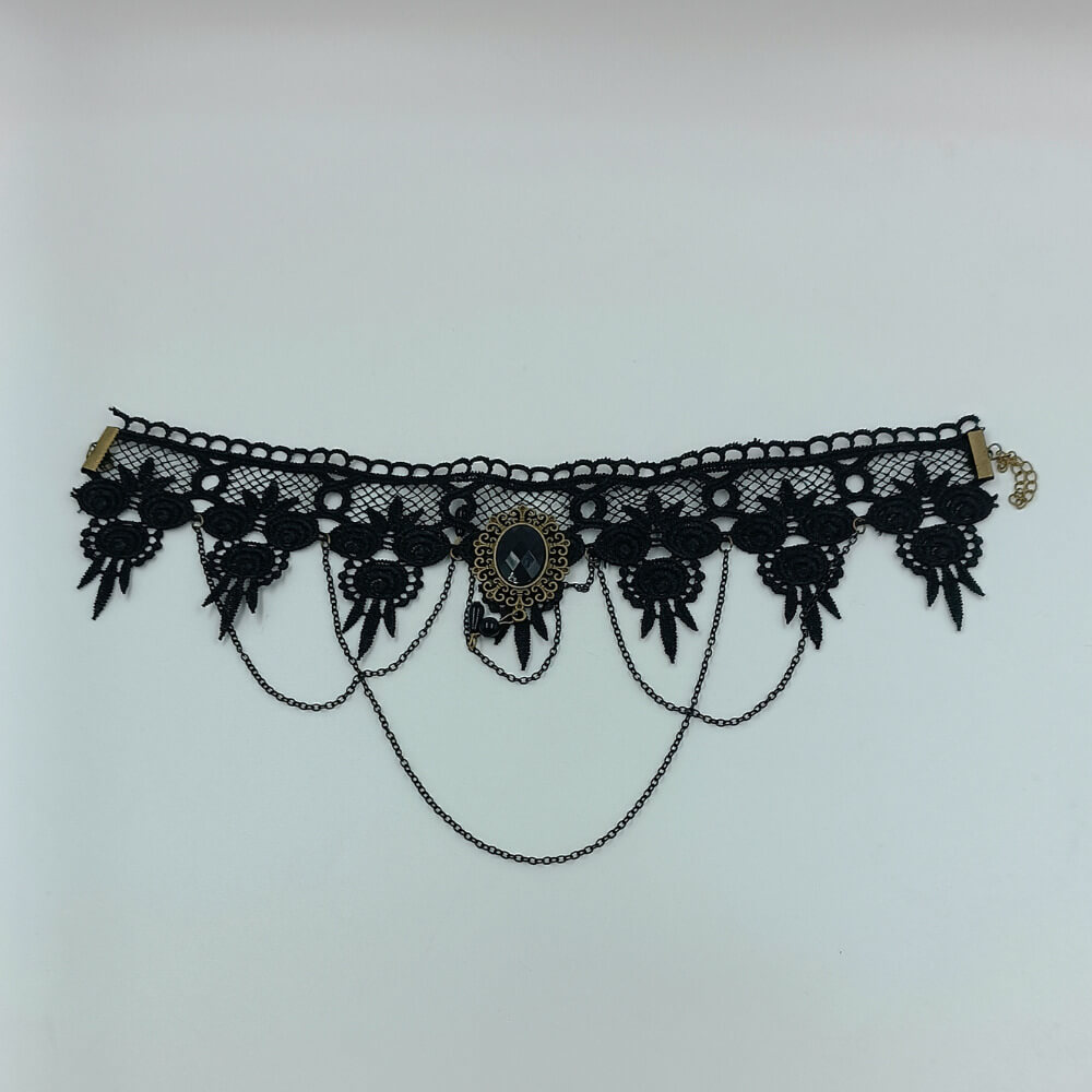 Gothic choker κολιέ με μαύρη δαντέλα και αλυσίδες
