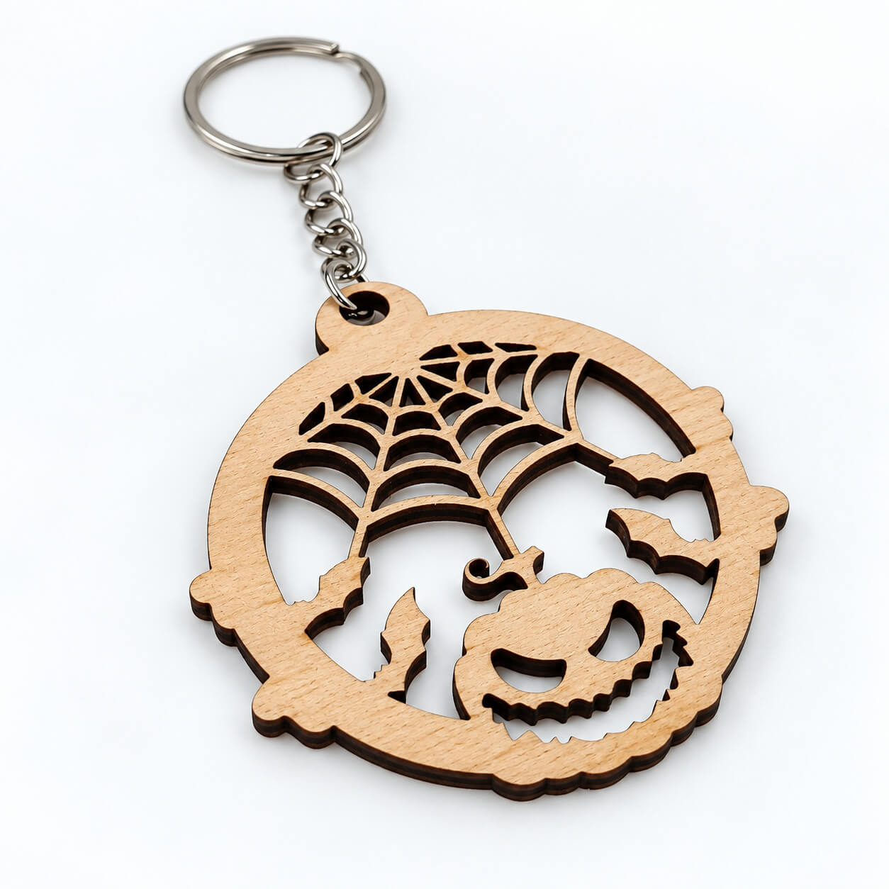 Halloween μπρελόκ με ιστό αράχνης από ξύλο, ξύλινο Halloween αξεσουάρ κολοκύθα με ιστό αράχνης