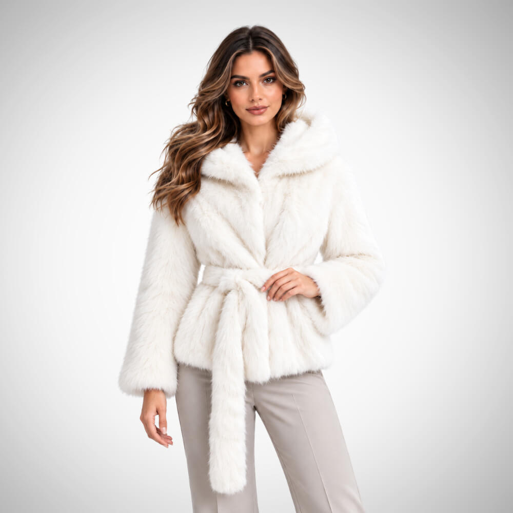 Λευκή γούνα με κουκούλα για κομψό χειμερινό look