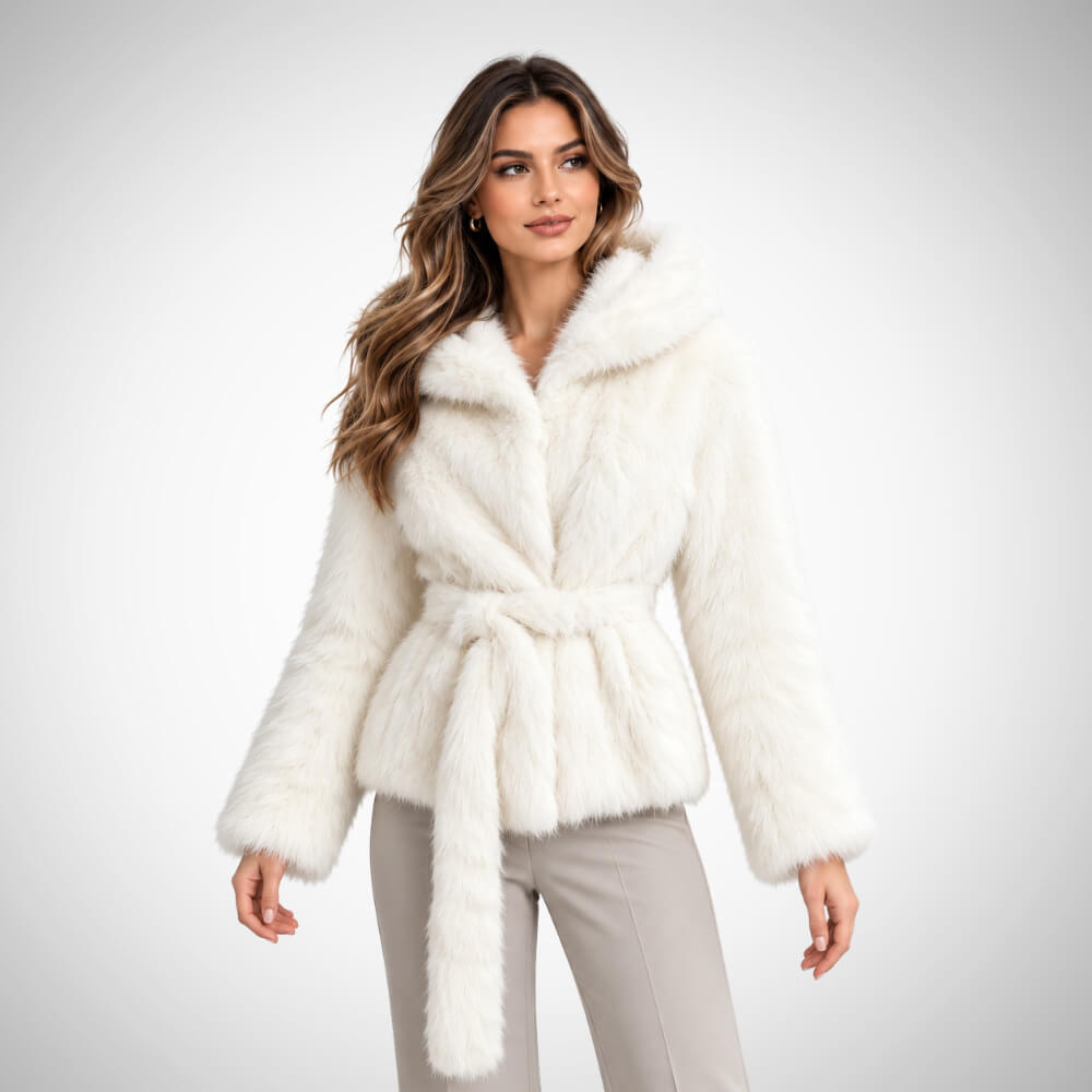 Γυναικείο λευκό γούνινο jacket με ζώνη