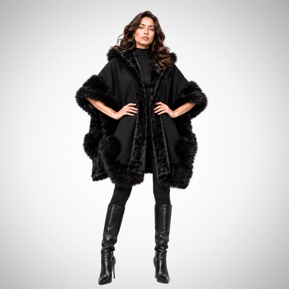 1. Μαύρη κάπα γυναικεία με απαλή γούνα σε elegant χειμερινό look