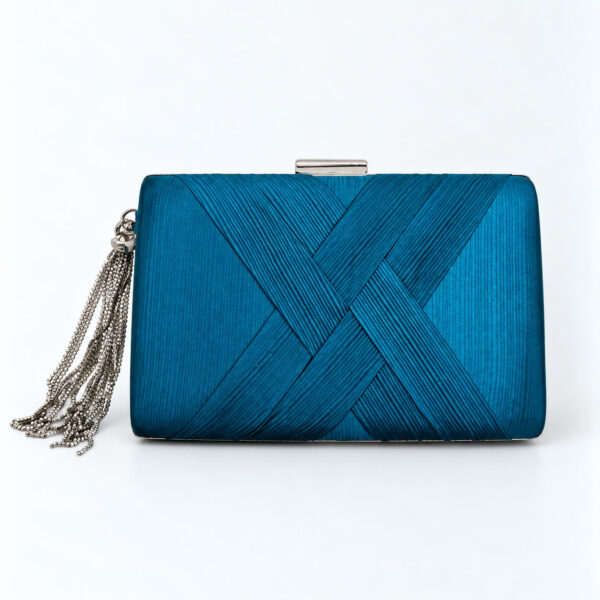 Μπλε πετρόλ βραδινή τσάντα clutch με ασημί tassel