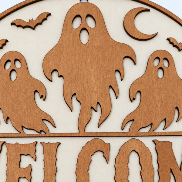 Ξύλινο Halloween διακοσμητικό Welcome με φαντάσματα