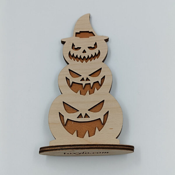 Halloween ξύλινο διακοσμητικό με τρεις spooky κολοκύθες