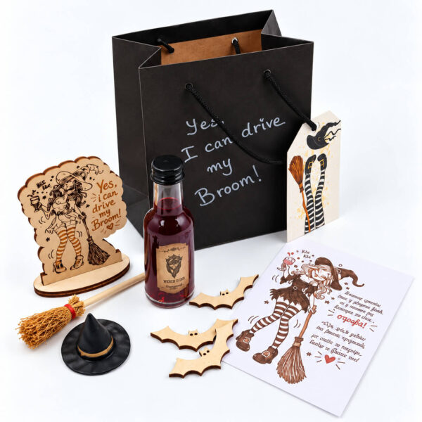 Πρωτότυπο Halloween gift box με μπουκαλάκι ποτού, ξύλινη μάγισσα, διακοσμητικές νυχτερίδες και κάρτα ευχών