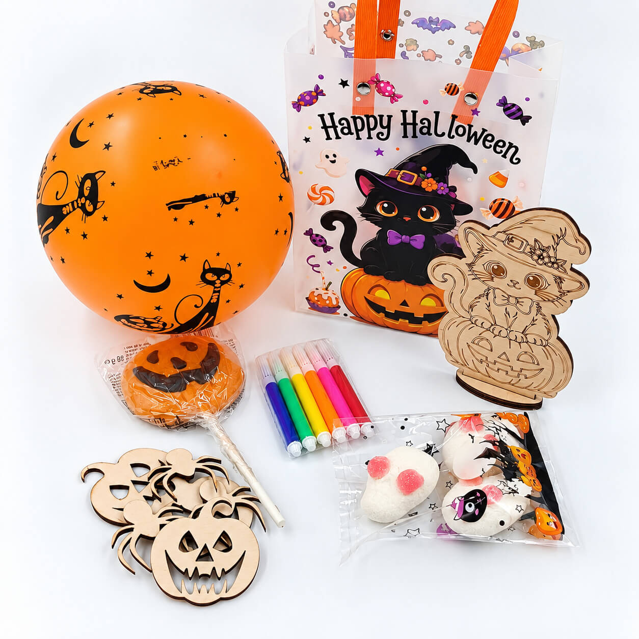 Ξύλινη φιγούρα γάτας Halloween με καπέλο μάγισσας για ζωγραφική